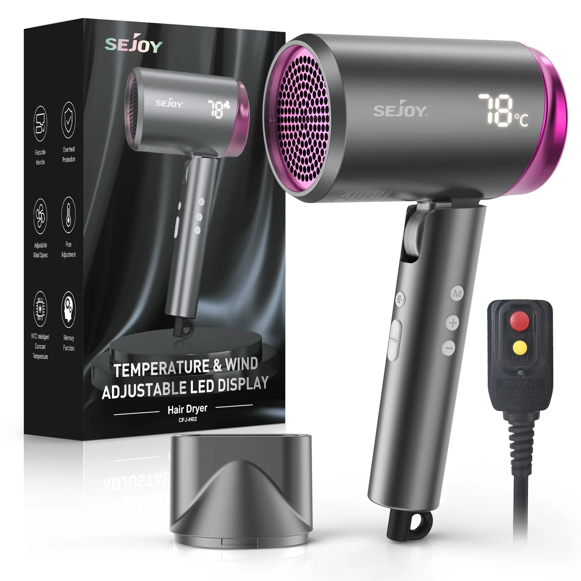 High Speed Hair Dryer, 1800W Powerful Fast Blow Dryer, LED Display Negative Ion Hair Dryer Compact for Travel