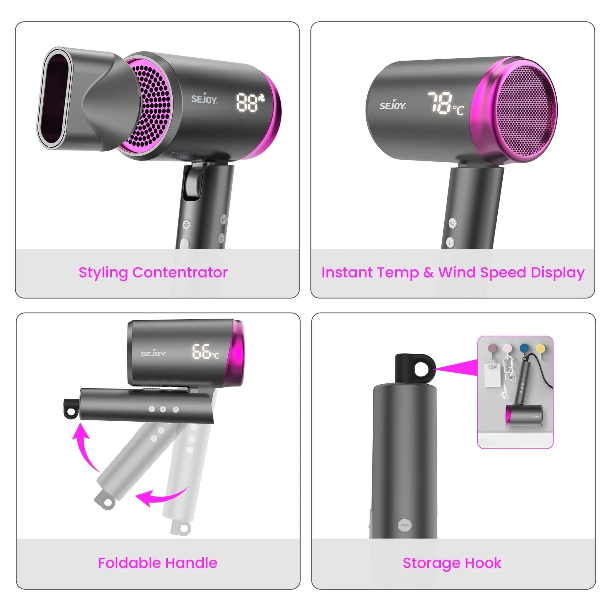 High Speed Hair Dryer, 1800W Powerful Fast Blow Dryer, LED Display Negative Ion Hair Dryer Compact for Travel